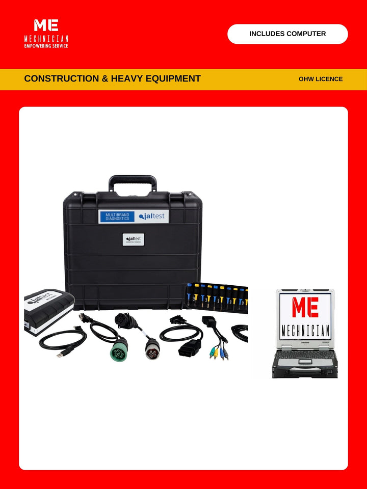 Jaltest Construction and Heavy Equipment diagnostic kit with rugged Panasonic diagnostic computer — transport hardcase, Jaltest Link interface, USB cable, multipin kit and diagnostic cables. Covers construction and heavy equipment (OHW licence).