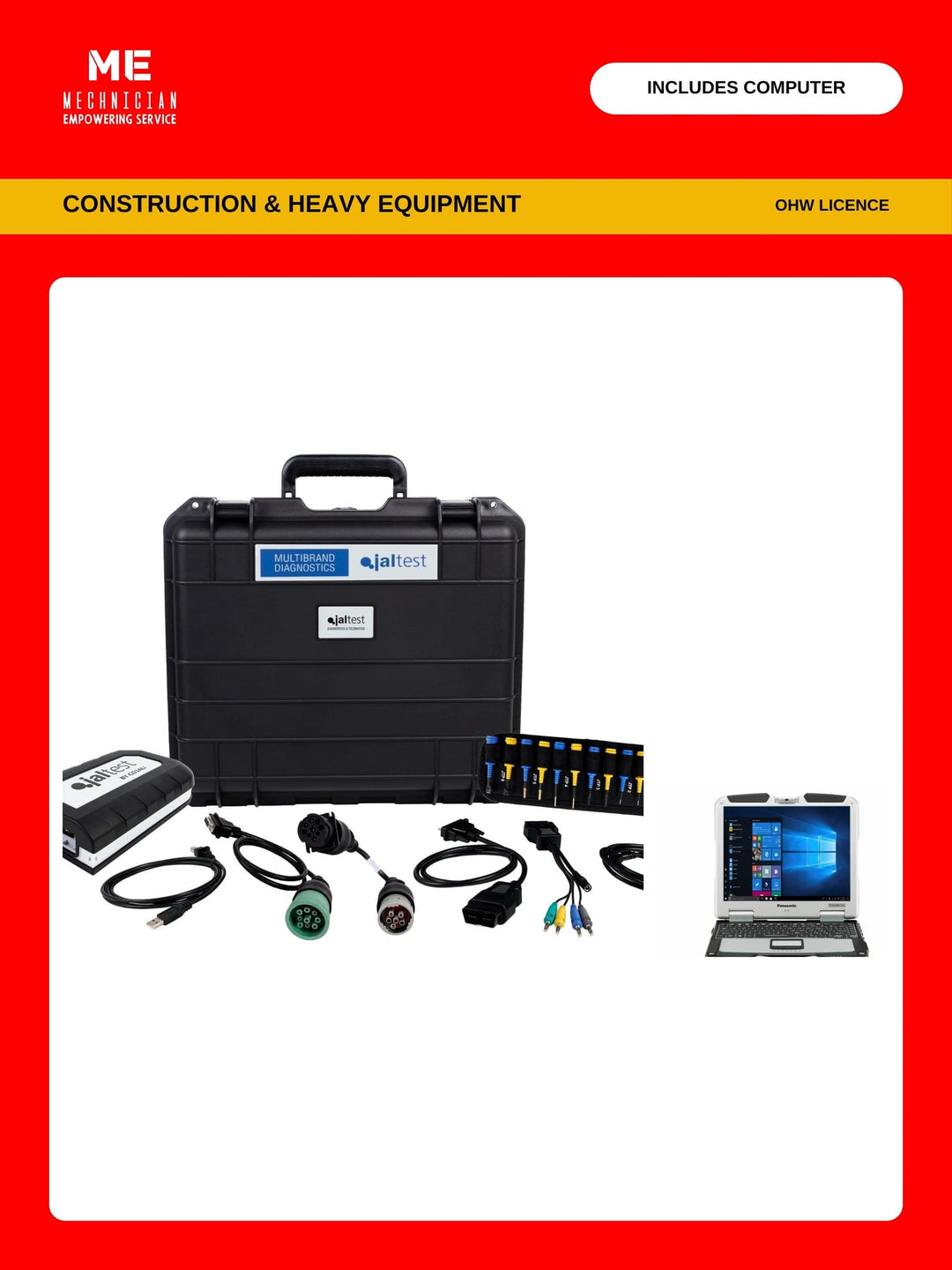 Jaltest Construction and Heavy Equipment diagnostic kit with rugged Panasonic computer — transport hardcase, Jaltest Link interface, USB cable, multipin kit and diagnostic cables. Covers construction and heavy equipment (OHW licence).