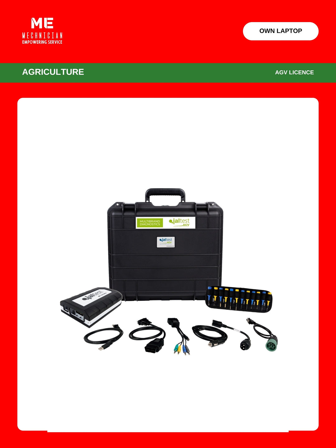 Jaltest Agricultural Equipment diagnostic kit — transport hardcase, Jaltest Link interface, USB cable, multipin kit, agricultural auxiliary supply cable, OBD and Deutsch 9-pin diagnostic cables. Covers agriculture (AGV licence), runs on your own laptop.