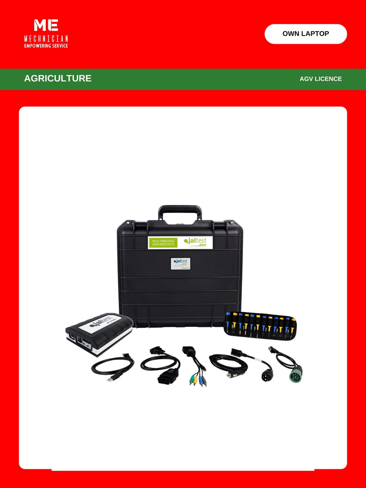 Jaltest Agricultural Equipment diagnostic kit — transport hardcase, Jaltest Link interface, USB cable, multipin kit, agricultural auxiliary supply cable, OBD and Deutsch 9-pin diagnostic cables. Covers agriculture (AGV licence), runs on your own laptop.