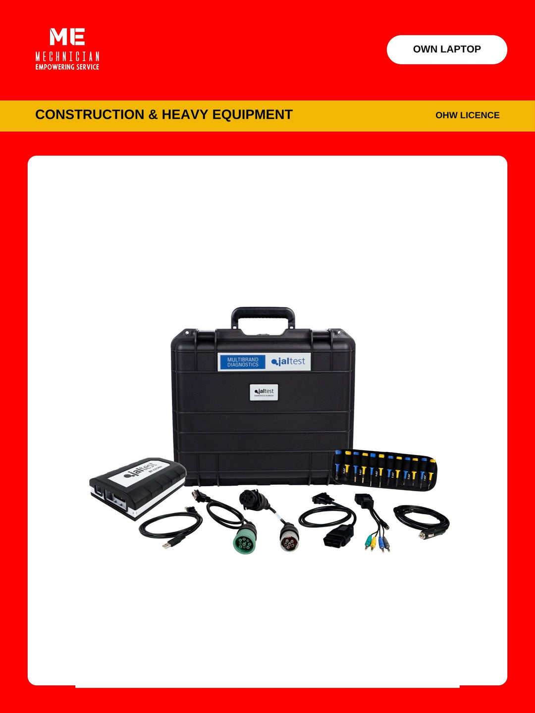 Jaltest Construction and Heavy Equipment diagnostic kit — transport hardcase, Jaltest Link interface, USB cable, multipin kit, Deutsch 6-pin, OBD and Deutsch 9-pin diagnostic cables. Covers construction and heavy equipment (OHW licence), runs on your own laptop.
