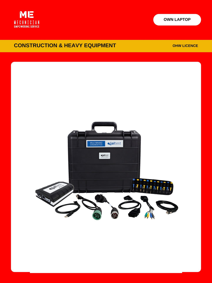 Jaltest Construction and Heavy Equipment diagnostic kit — transport hardcase, Jaltest Link interface, USB cable, multipin kit, Deutsch 6-pin, OBD and Deutsch 9-pin diagnostic cables. Covers construction and heavy equipment (OHW licence), runs on your own laptop.