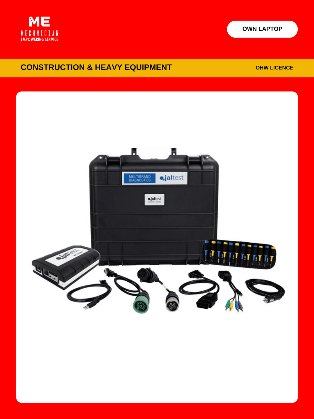Jaltest Construction and Heavy Equipment diagnostic kit — OHW licence, transport hardcase, Jaltest Link interface and diagnostic cables, use your own laptop