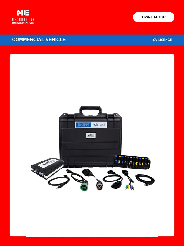 Jaltest On Highway and Commercial Vehicles diagnostic kit with multipin — transport hardcase, Jaltest Link interface, USB cable, multipin kit, Deutsch 6-pin, OBD and Deutsch 9-pin diagnostic cables. Covers commercial vehicles (CV licence), runs on your own laptop.