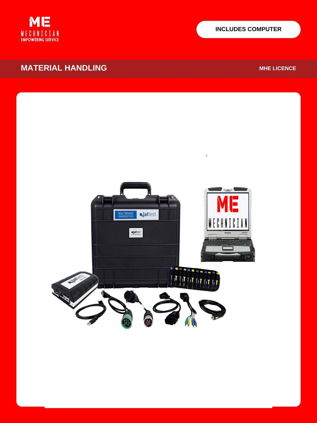 Jaltest Forklift, Lift Truck, Scissor Lift and Material Handling diagnostic kit with rugged diagnostic computer — transport hardcase, Jaltest Link interface and diagnostic cables. Covers material handling (MHE licence).